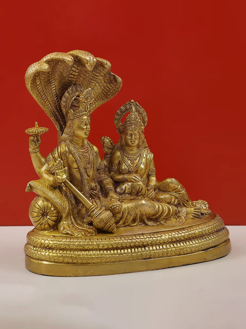 10" Brass Bhagavan Vishnu and Devi Lakshmi Idol Seated on Sheshnag | Handmade | Made in India
