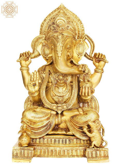 17" Lord Ganesha Seated on Pedestal In Brass | Handmade | Made In India