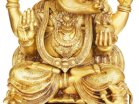 17" Lord Ganesha Seated on Pedestal In Brass | Handmade | Made In India