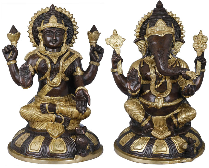 14" Brass Ganesha Lakshmi Handmade Statue for Pooja