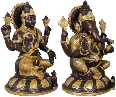 14" Ganesha-Lakshmi In Brass | Handmade | Made In India