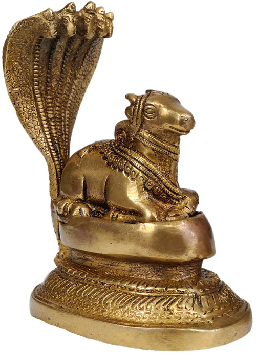 5" Nandi Bull Brass Idol with Five-Hooded Serpent Statue