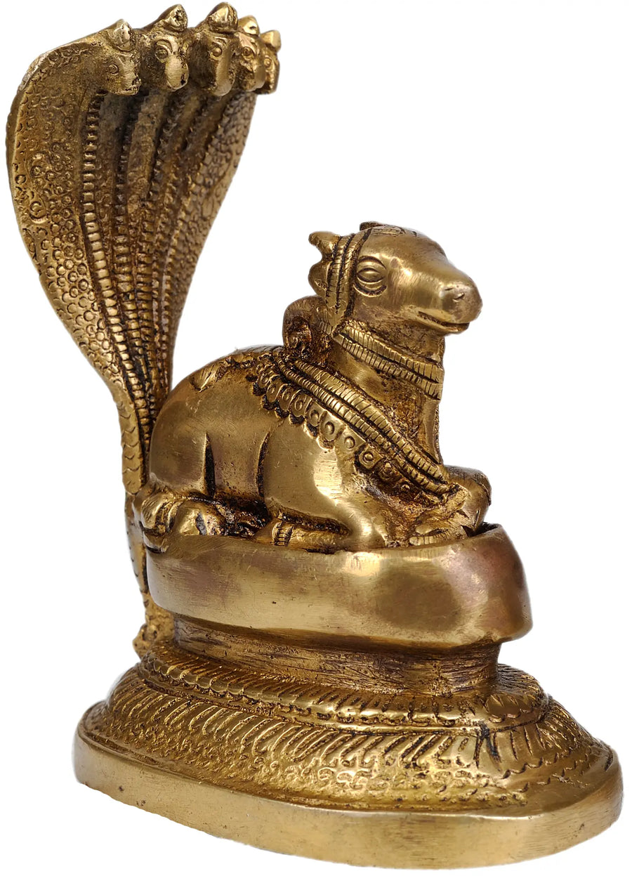 5" Nandi Bull Brass Idol with Five-Hooded Serpent Statue