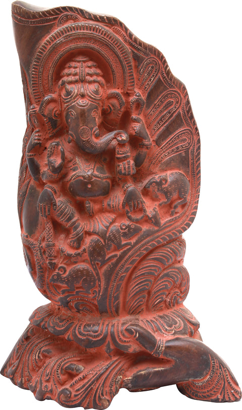 10" Hand-held Conch Ganesha Statue In Brass | Handmade | Made In India