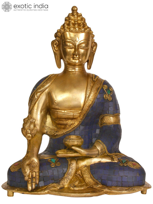 14" Brass Buddha Statue with Lapis Inlay Handmade Tibetan