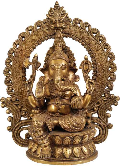 14" Handmade Enthroned Ganesha Brass Statue for Pooja
