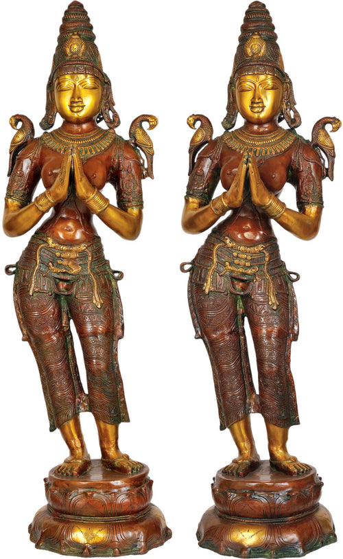 44" Pair of Dwara-Devi Celestial Doorkeeper Brass Statues Handmade