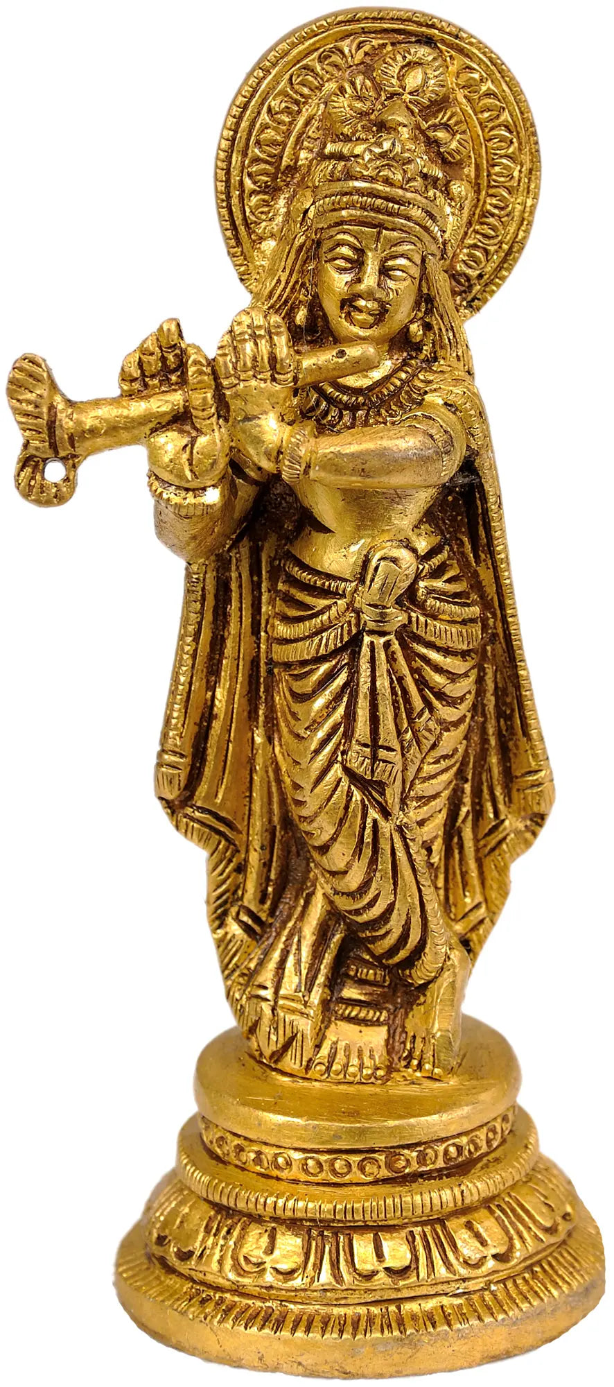 4" Fluting Krishna Handmade Brass Statue