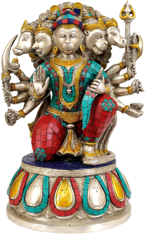13" Five Headed Hanuman Rudra Brass Statue Handmade