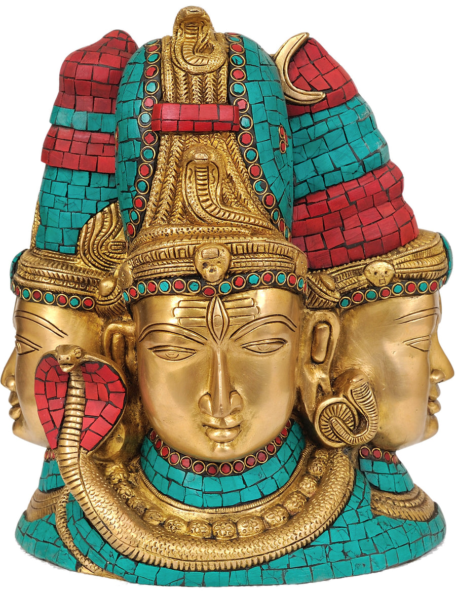 11" Tri-Murti and Devi Inlay Brass Statue Handmade