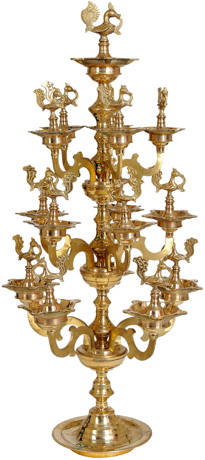 26" Handmade Four-Layer Peacock Brass Lamp from South India