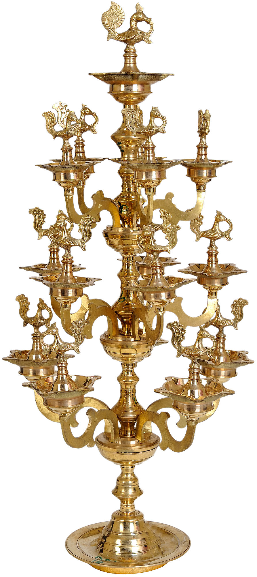 26" Handmade Four-Layer Peacock Brass Lamp from South India