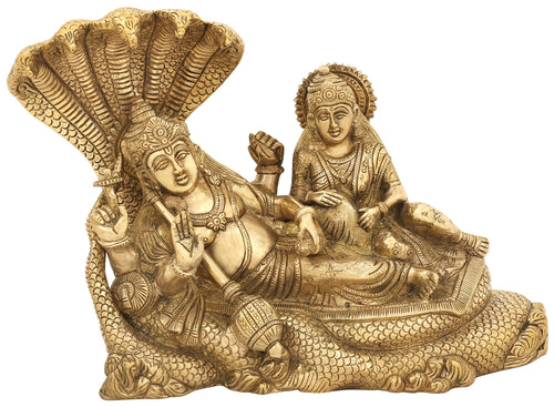 14" Sheshasayi Vishnu with Lakshmi Brass Statue Handmade