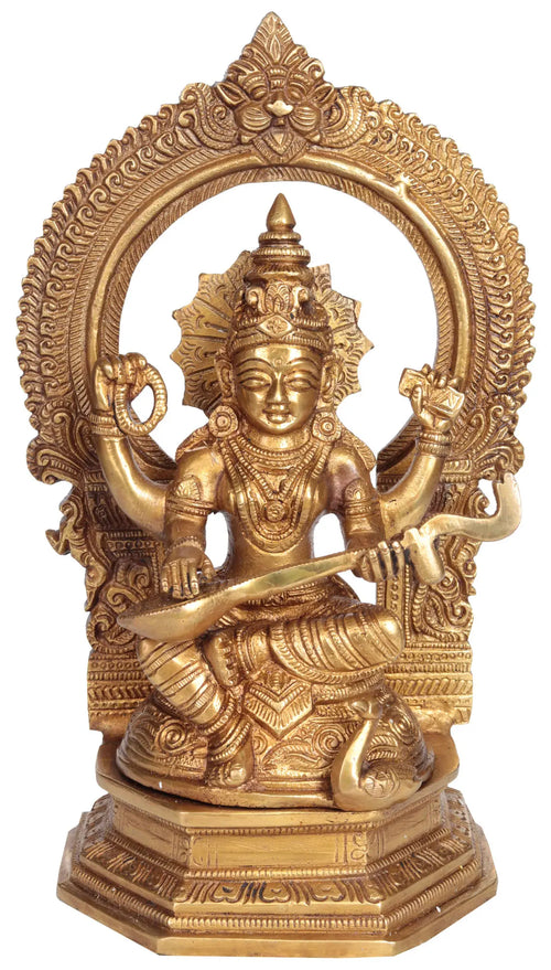 9" Handmade Goddess Saraswati Brass Statue for Pooja