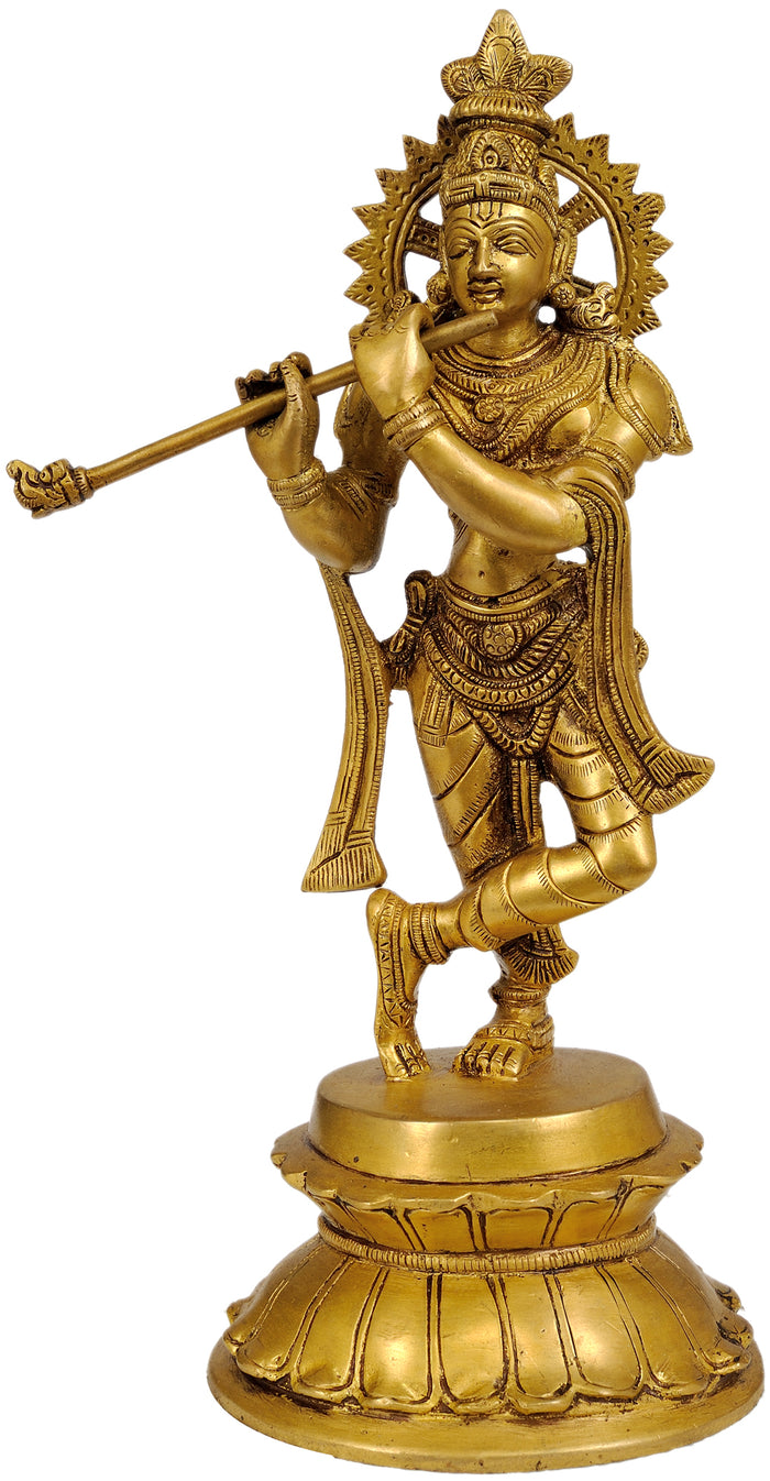 11" Handmade Krishna Brass Idol for Pooja