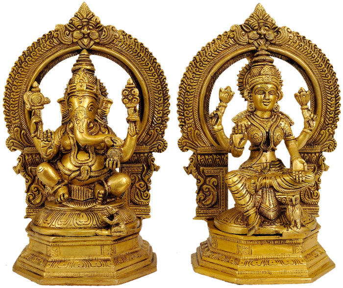 9" Ganesha Lakshmi Handmade Brass Statue for Pooja