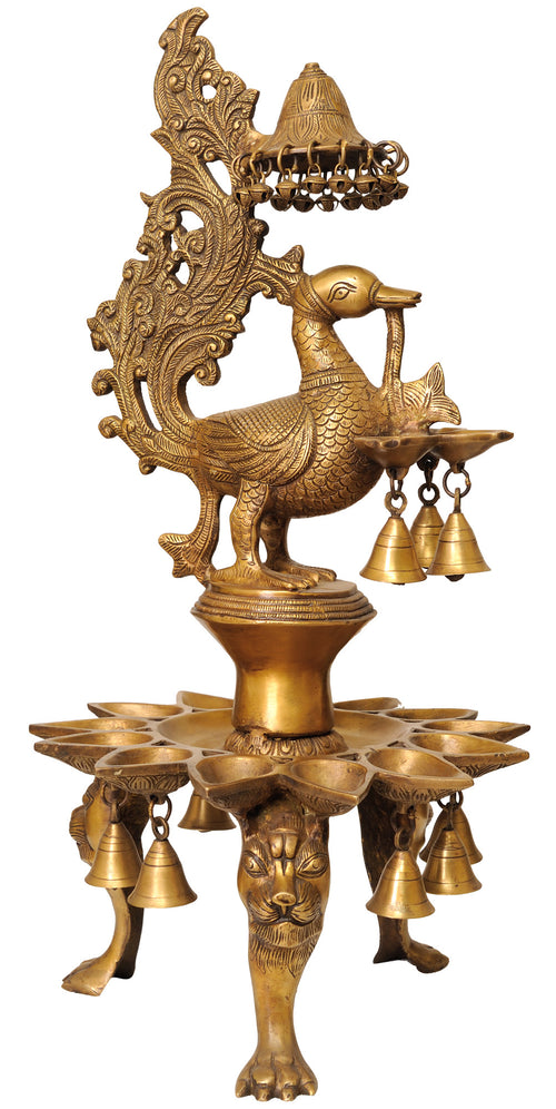 Brass Peacock Table Lamp with Bells and Lion Legs