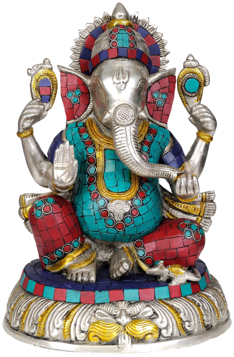 11" Handmade Ganesh Brass Statue with Inlay Work
