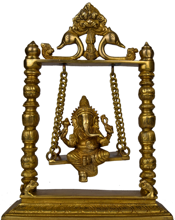 9" Lord Ganesha on Swing Brass Statue Handmade