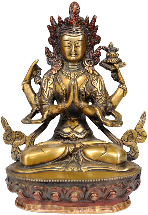 8" Four Armed Avalokiteshvara Brass Statue Handmade