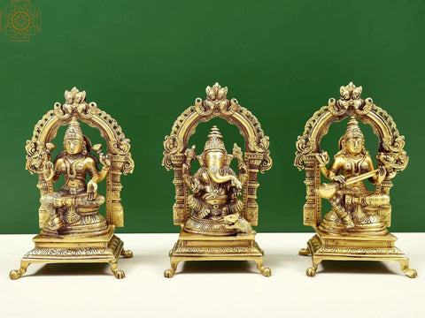 8" Ganesha, Lakshmi and Saraswati In Brass