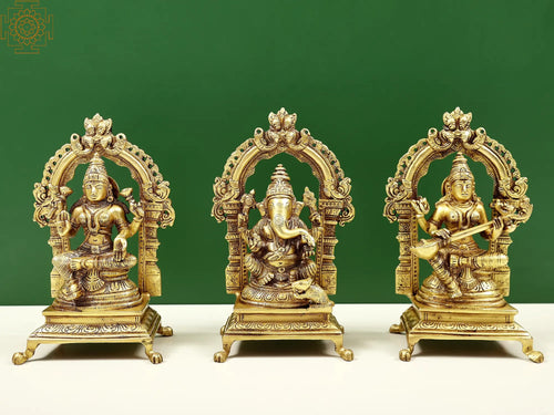 8" Brass Ganesha Lakshmi Saraswati Idol Set for Pooja
