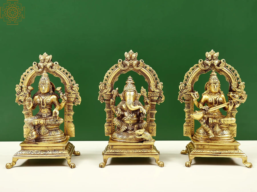 8" Brass Ganesha Lakshmi Saraswati Idol Set for Pooja