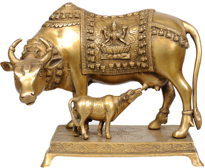 8" Brass Cow with Ganesha and Lakshmi Handmade Statue