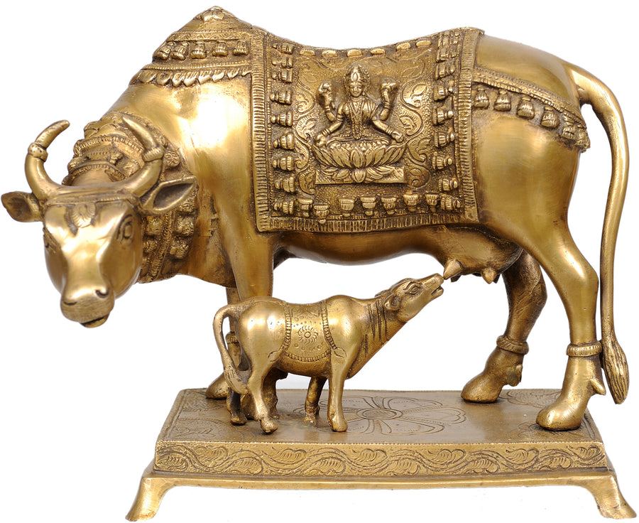 8" Brass Cow with Ganesha and Lakshmi Handmade Statue