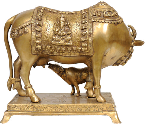 8" Cow Marked with Ganesha and Lakshmi In Brass | Handmade | Made In India