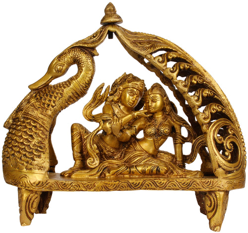 9" Radha Krishna Swan Boat Brass Statue Handmade