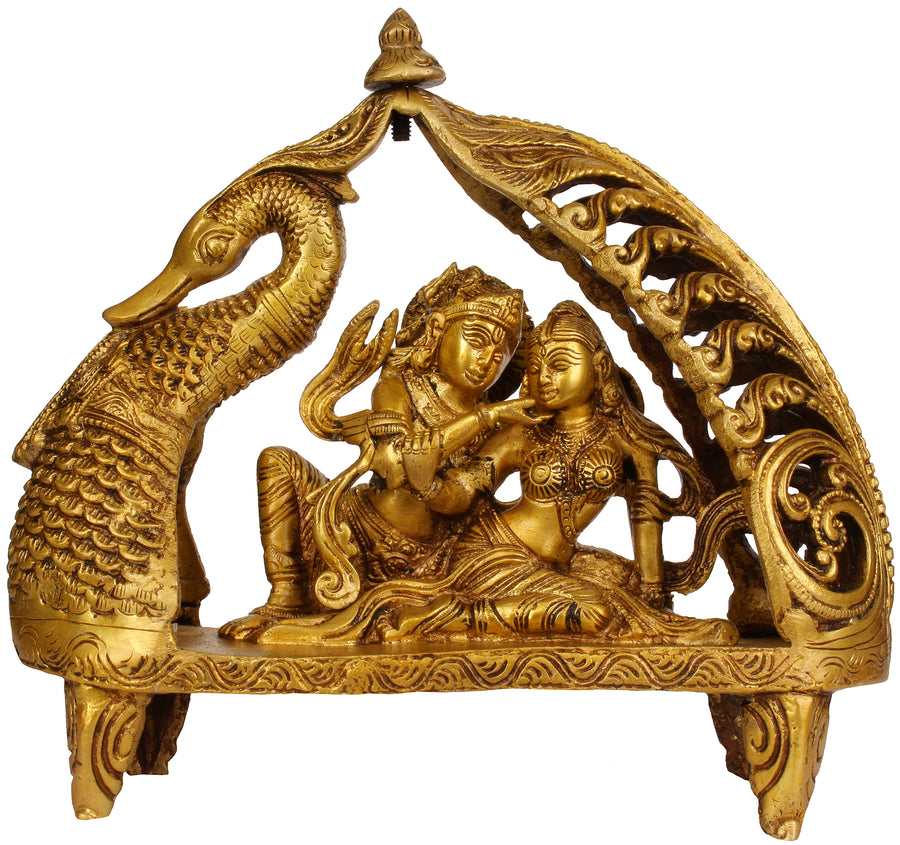 9" Radha Krishna Swan Boat Brass Statue Handmade