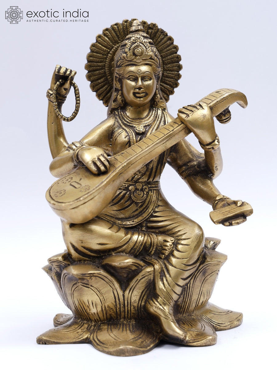 9" Devi Saraswati Handcrafted Brass Idol for Home Pooja