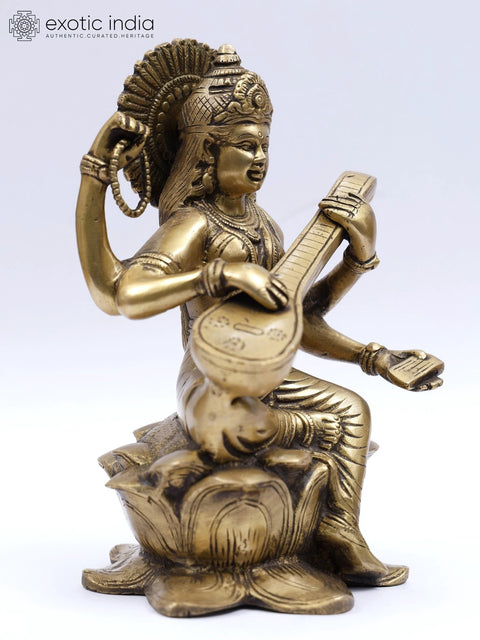9" Devi Saraswati Brass Statue | Indian Handcrafted Idol