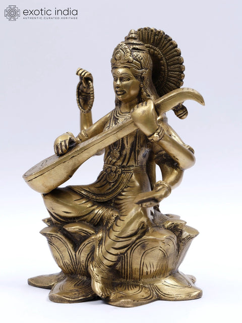9" Devi Saraswati Brass Statue | Indian Handcrafted Idol