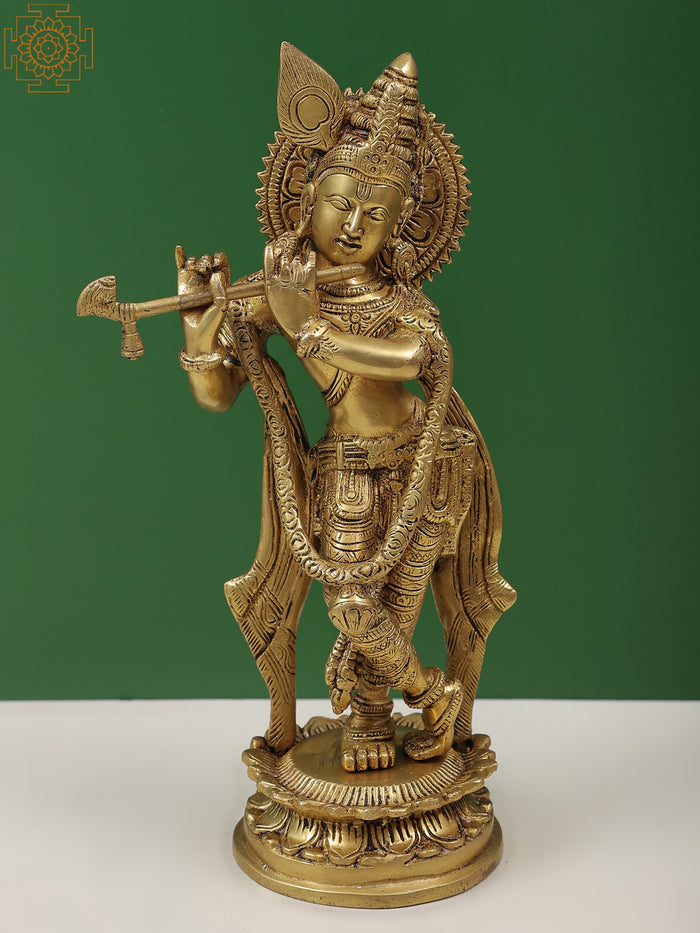 11" Murlidhar Krishna Handmade Brass Statue for Home Decor