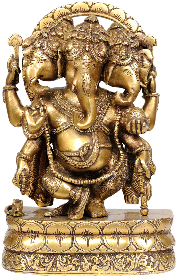 12" Three Headed Ganesha Handmade Brass Statue