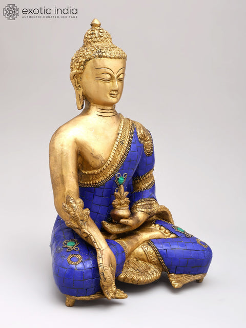 11" Tibetan Buddhist Deity Lapis Buddha of Healing In Brass