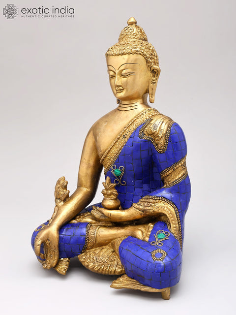 11" Tibetan Buddhist Deity Lapis Buddha of Healing In Brass