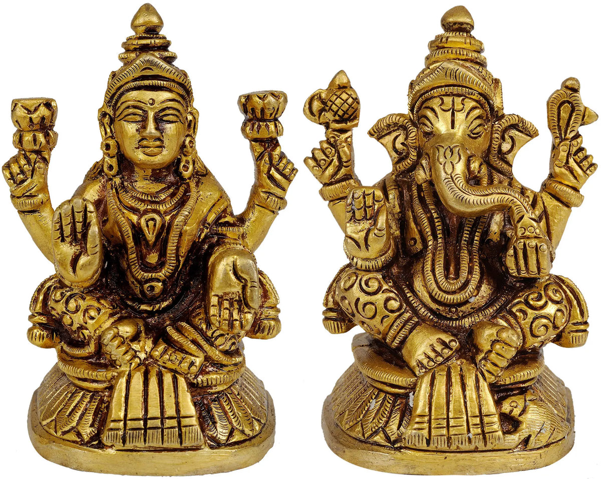 3" Shri Ganesha and Goddess Lakshmi Statue in Brass | Handmade | Made in India