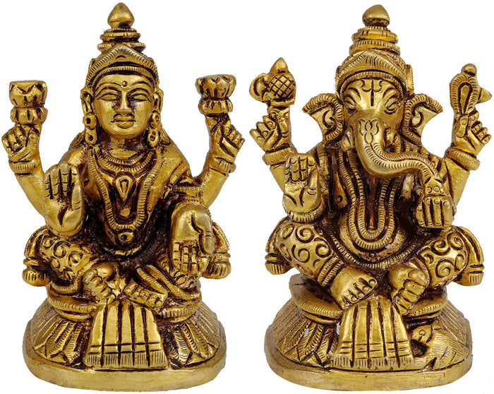 3" Shri Ganesha and Goddess Lakshmi Statue in Brass | Handmade | Made in India