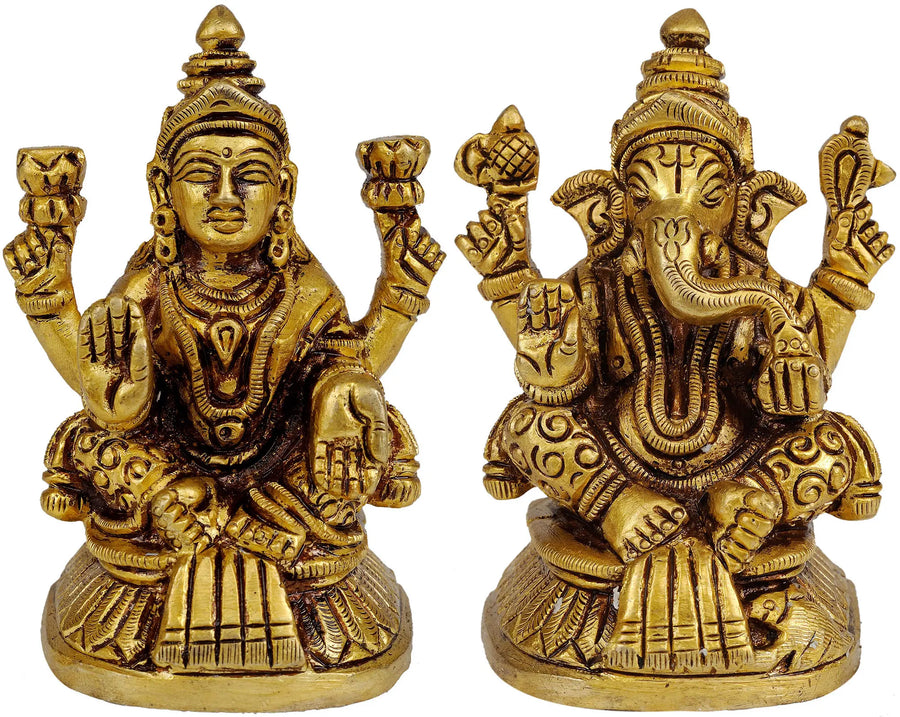 3" Handmade Brass Ganesha and Lakshmi Statue for Pooja