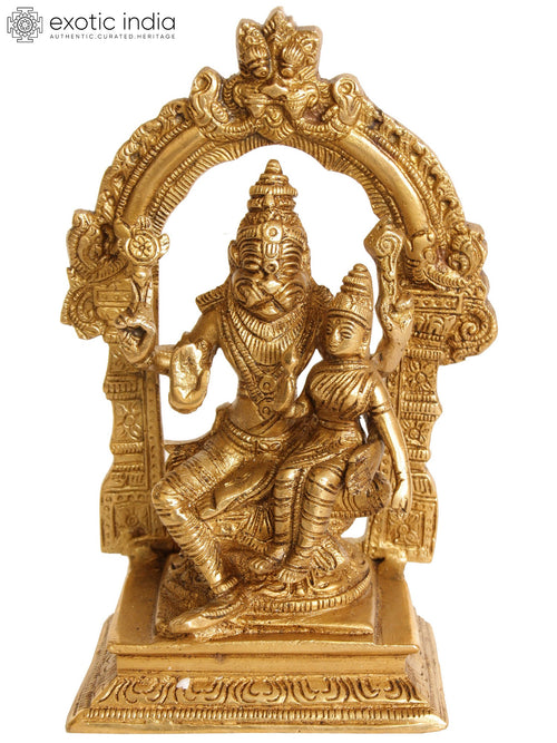 8" Narasimha with Lakshmi Handmade Brass Statue for Pooja