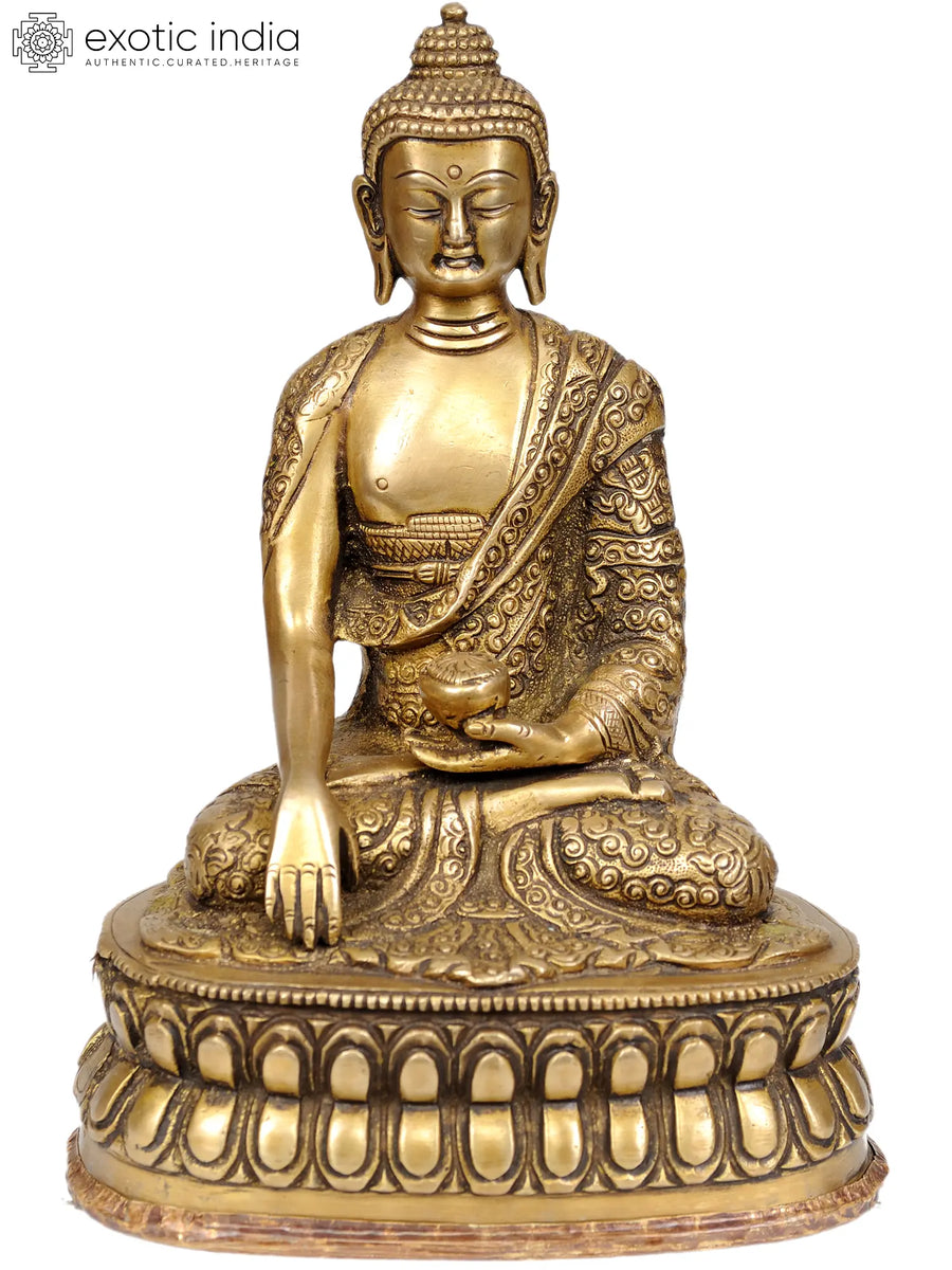 8" Handmade Lord Buddha Brass Statue with Carved Robe and Dorje