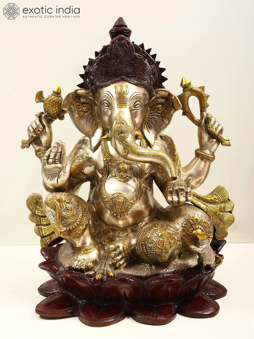 21" Large Lord Ganesha Seated on Lotus Brass Statue Handmade