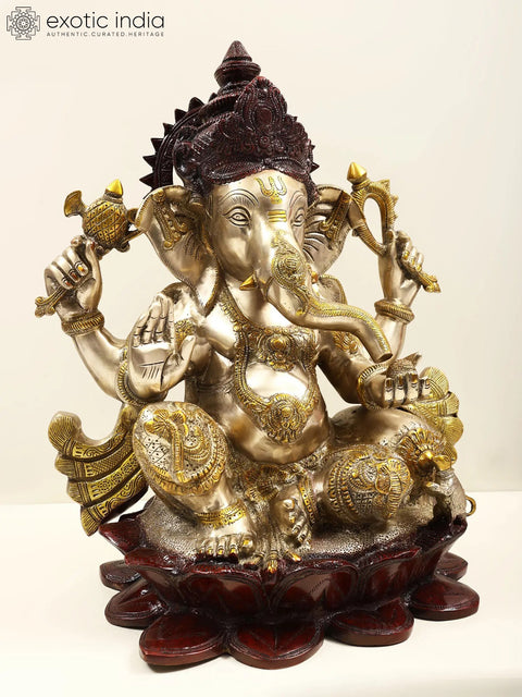 21" Large Size Lord Ganesha Seated in Easy Posture on Lotus In Brass | Handmade | Made In India