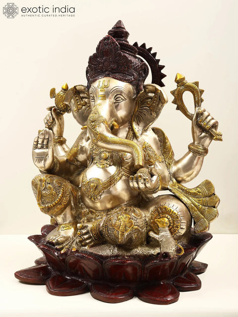 21" Large Size Lord Ganesha Seated in Easy Posture on Lotus In Brass | Handmade | Made In India