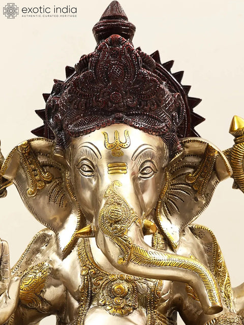 21" Large Size Lord Ganesha Seated in Easy Posture on Lotus In Brass | Handmade | Made In India