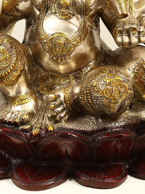 21" Large Size Lord Ganesha Seated in Easy Posture on Lotus In Brass | Handmade | Made In India