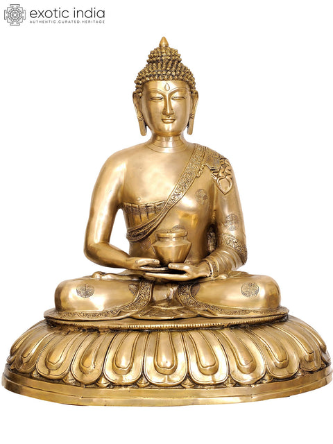 28" Large Size Lord Buddha with Pindapatra (Robes Decorated with Auspicious Symbols) In Brass | Handmade | Made In India